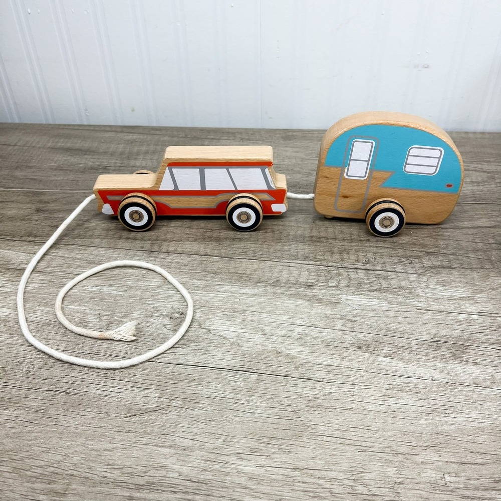 Wooden Toy Car and Camper Pull Toy Red Fred Road Trip Set